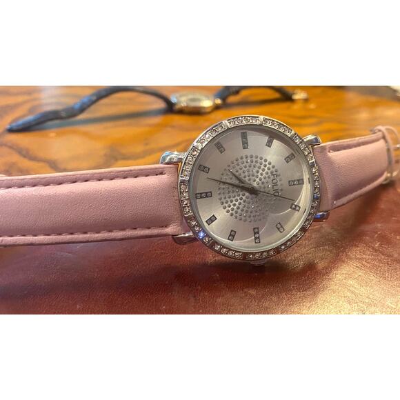 Women's 37mm silver Tone Folio Watch, Pale Pink Band, Crystal Accents - Picture 2 of 3